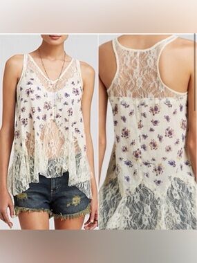 Free people lace floral cami tank top womens L boho festival